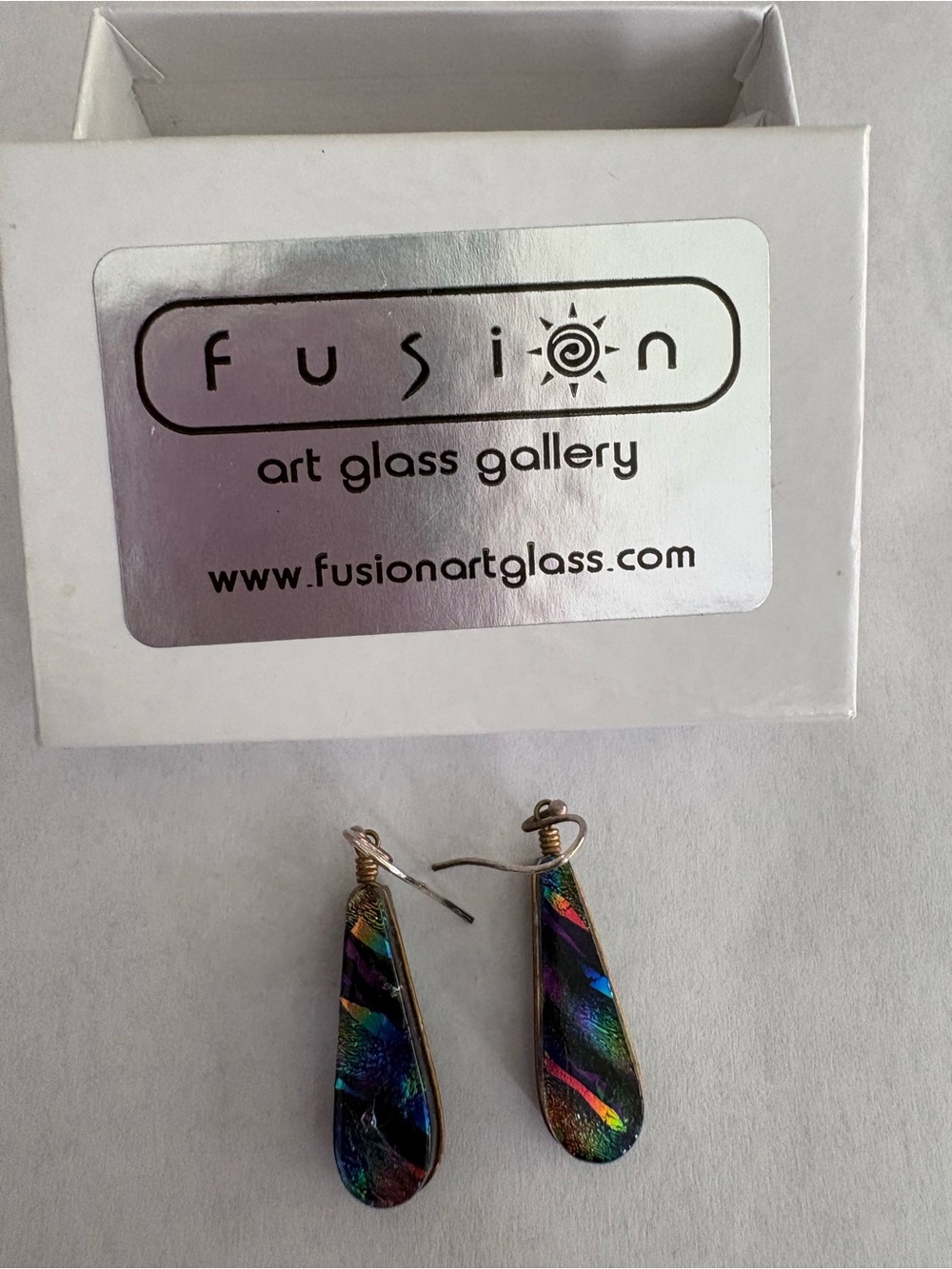 Fusion Art Glass Gallery Dichroic Fused Glass Teardrop Earrings with Box